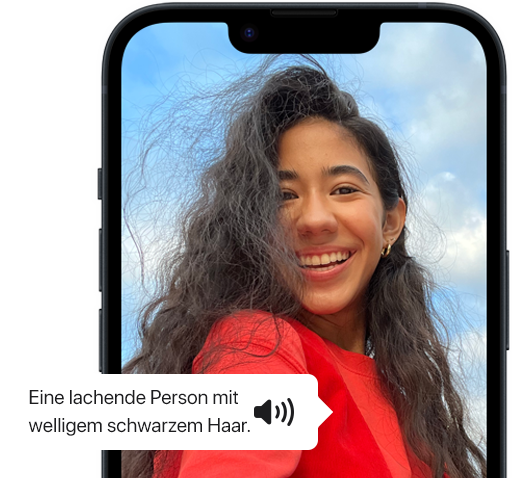 VoiceOver beschreibt ein Foto einer Person auf einem iPhone.