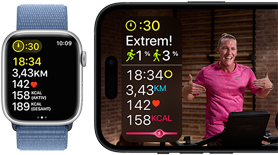 Trainingsdaten auf der Apple Watch und ein Apple Fitness+ Training auf dem iPhone