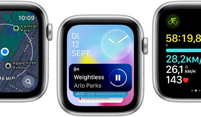 Vorderansicht von Apple Watch SE Displays mit verschiedenen aktualisierten App Displays.